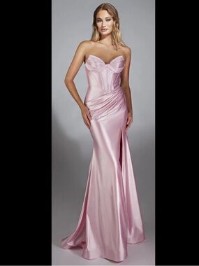 ‘Wear Your Love’ Pink Satin Ruched Corset Mermaid Maxi Dress Gown 4 NWT